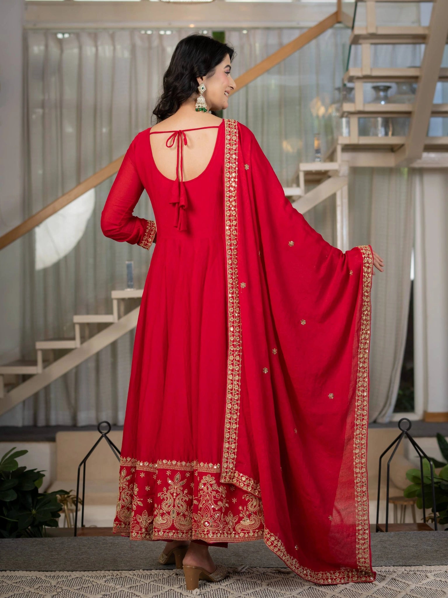 Red Sequins Embroidered Suit – Anarkali Pant Set with Dupatta Kalyanja